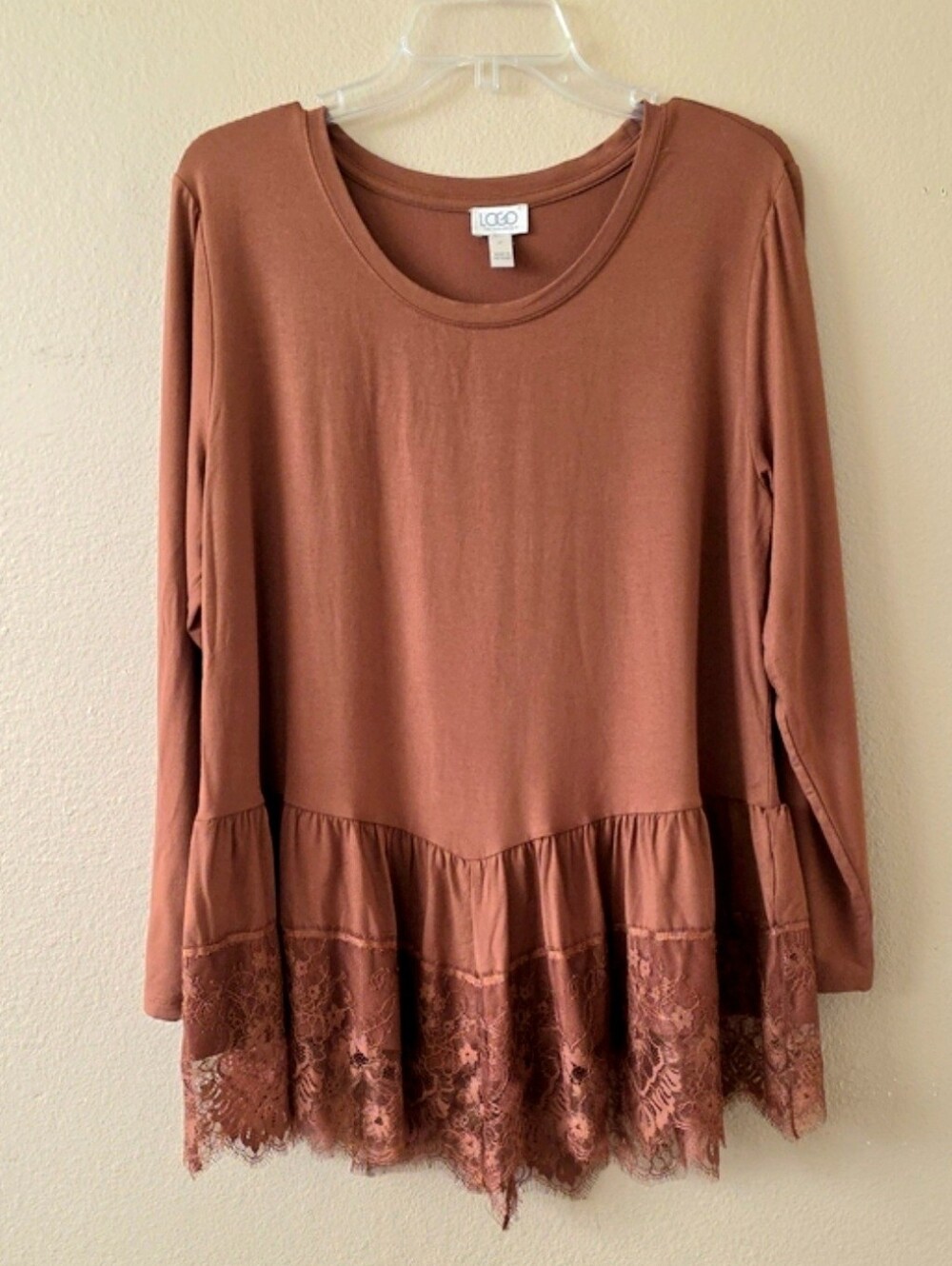 LOGO by Lori Goldstein Petite Brown Rayon Lace Trim Top - Size LP